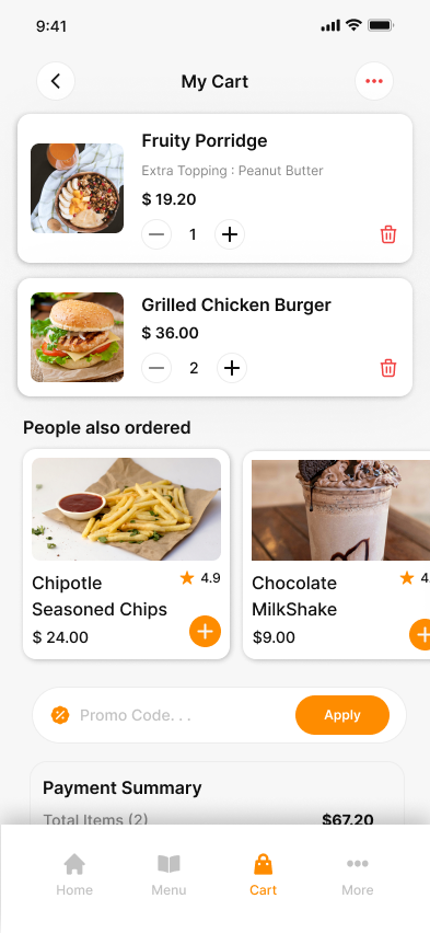 Cart page on Delivery App UI